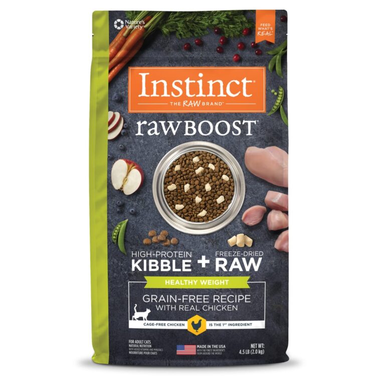 Instinct Raw Boost Healthy Weight Chicken Dry Cat Food product packaging from the official brand page