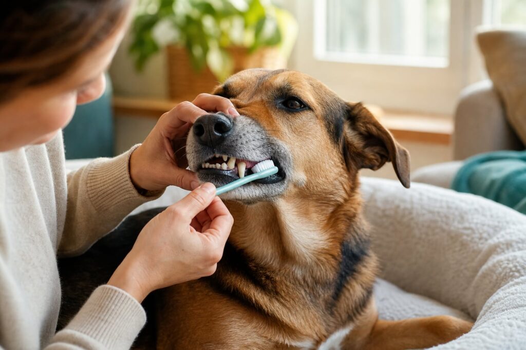 Dog owner gently brushing a relaxed dog's teeth at home.
