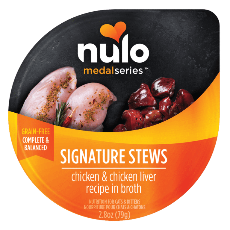 Nulo MedalSeries Signature Stews Chicken & Chicken Liver Recipe for Cats wet cat food product packaging from the official brand page