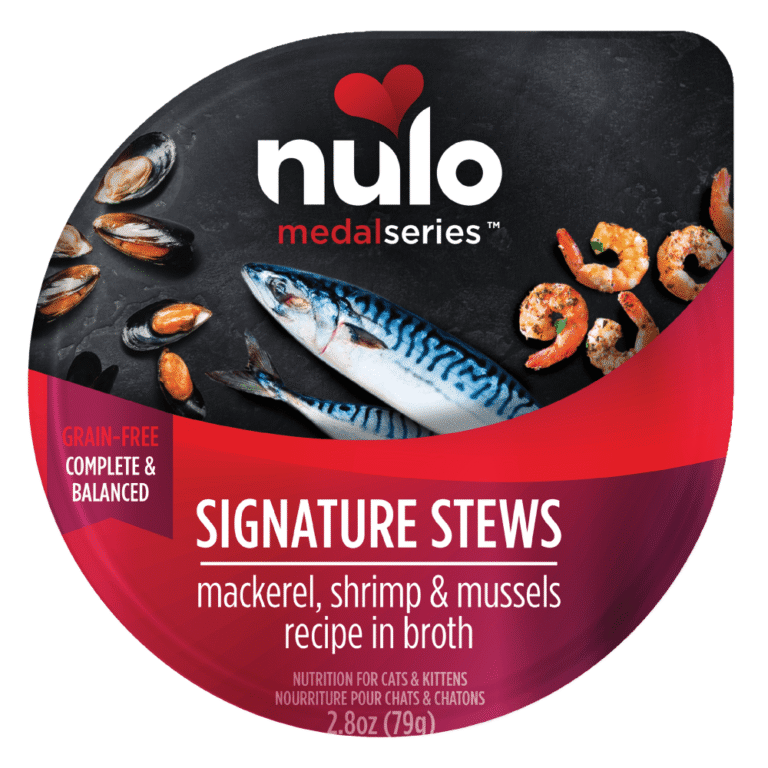Nulo MedalSeries Signature Stews Mackerel, Shrimp & Mussels Recipe for Cats wet cat food product packaging from the official brand page