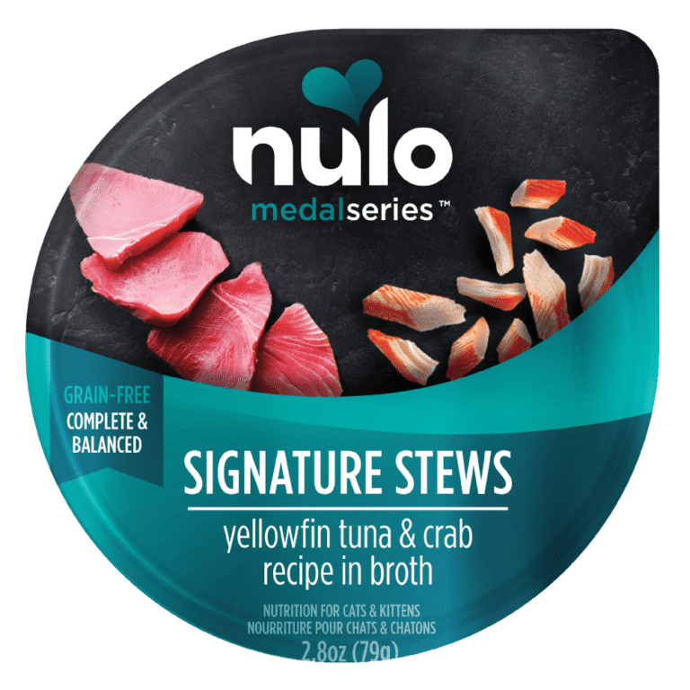 Nulo MedalSeries Signature Stews Yellowfin Tuna & Crab Recipe for Cats wet cat food product packaging from the official brand page