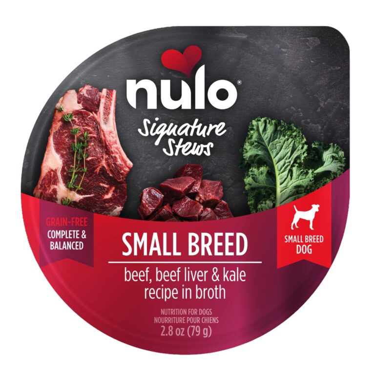 Nulo Signature Stews Small Breed Beef, Beef Liver & Kale Recipe for Dogs wet dog food product packaging from the official brand page