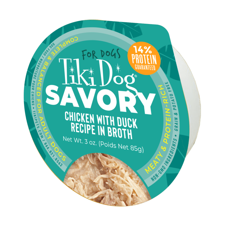 Tiki Dog Savory Chicken with Duck Recipe in Broth wet dog food product packaging from the official brand page